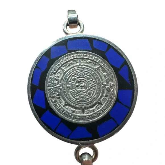 .925 Sterling Silver Taxco Bracelet – Aztec Calendar & Blue Lapis Inlay - Picture 5 of 8